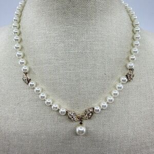Cream Faux Pearl Rhinestone Leaf Necklace Gold Tone Coquette Statement Gift